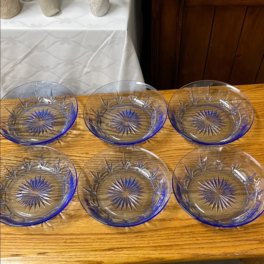 6 Blue Glass Bowls  with Sunburst Pattern for Dining